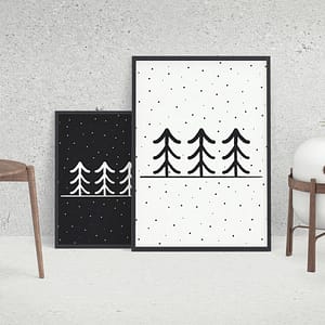 Scandinavische poster design Dennenbomen in de sneeuw