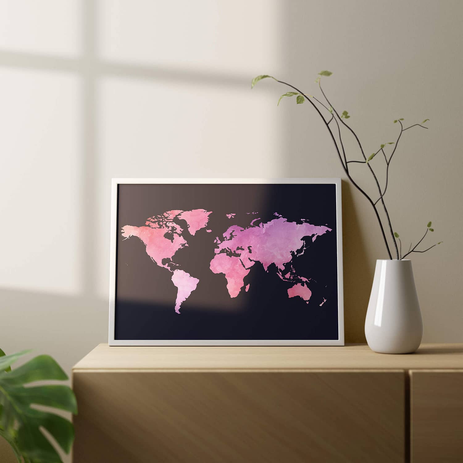 Wereldkaart Poster met roze Watercolour effect
