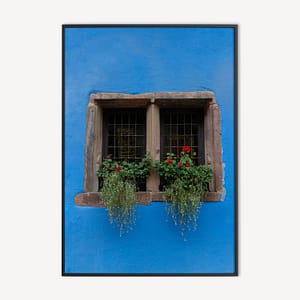 Frans raam op blauwe muur poster