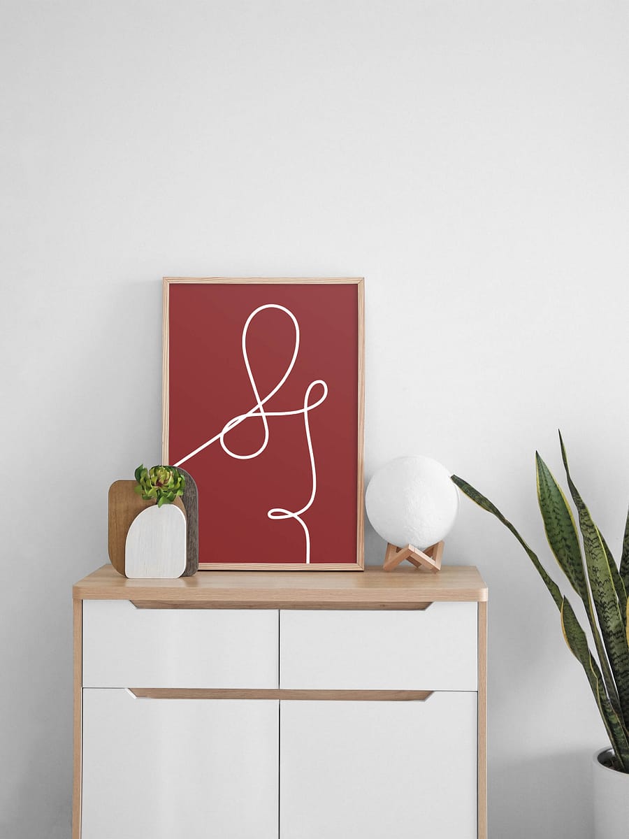 minimalistische poster en canvas print met abstracte witte lijn en warm rode achtergrond