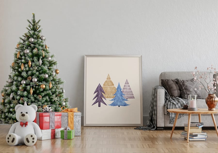 poster met kleurrijke kerstbomen met watercolor effect