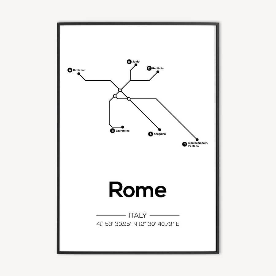 Zwart-Wit Rome Poster van Metro met coördinaten