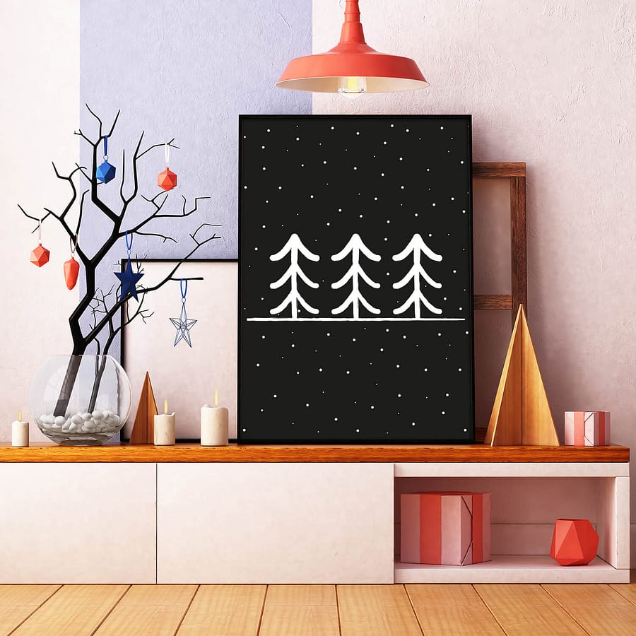 Scandinavische poster design: Dennenbomen in de sneeuw