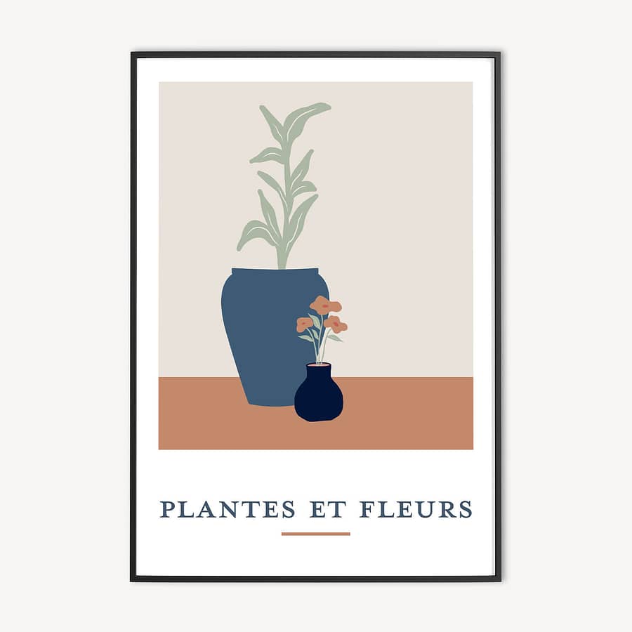 Landelijke poster met stilleven van planten in bloempotten